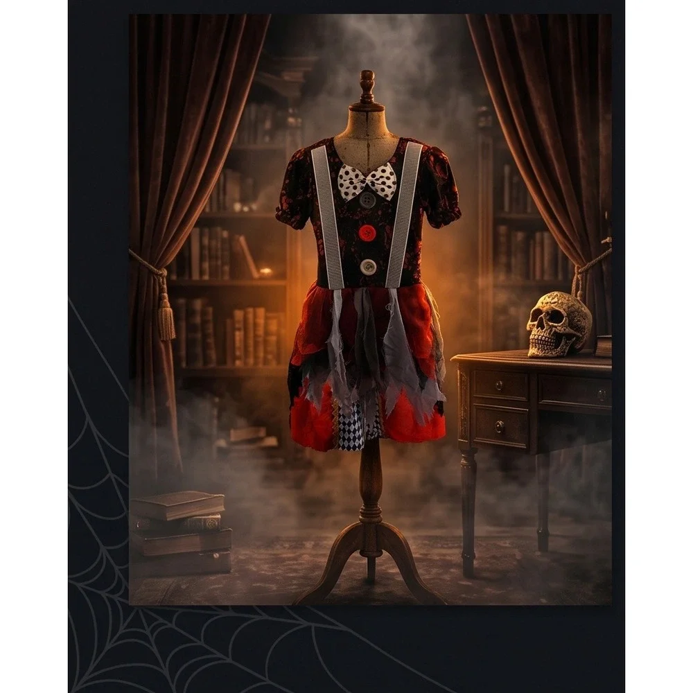 Kids Creepy Clown Halloween Costume Dress with Mini Top Hat Set Black Red Large